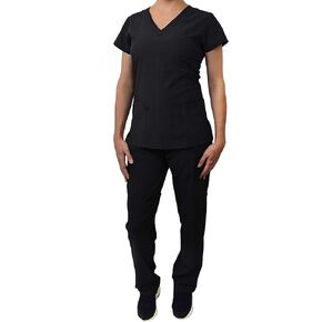 Green Town Scrubs for Women Scrub Set - V-Neck Top and Straight Leg Pant, 5 Pockets, Easy Care, Solids and Prints Uniforms -Black-X-Large Petite