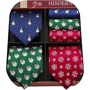 HISDERN Christmas Ties for Men Holiday Tie and Pocket Square Set Lot 3 PCS Tie Pack Gift Box Neckties & Handkerchief