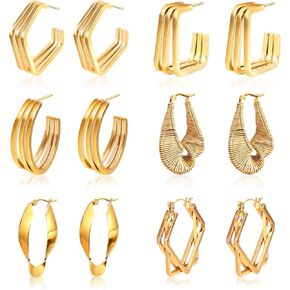 Gold Hoop Earrings Set for Women, 9 Pairs 18K Real Gold Plated Earrings Hypoallergenic Lightweight Open Twisted Huggie Earring Hoops for Christmas Gift