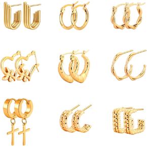 SIKEGI Gold Hoop Earrings Set for Women, 9 Pairs 18K Real Gold Plated Earrings Hypoallergenic Lightweight Open Twisted Huggie Earring Hoops for Christmas Gift in Kuwait