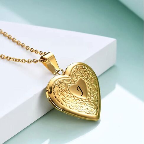 KunBead Women's Gold Heart Photo Locket Necklace with Picture inside Initial A Letter Alphabet Love Jewelry Memory Pendant Necklace in Saudi Arabia