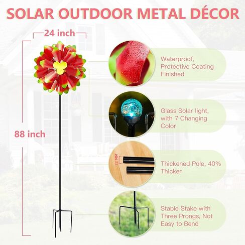 دوارات الرياح الشمسية للحديقة - منحوتات رياح معدنية حركية كبيرة مقاس 88 بوصة ودوارات مع ضوء شمسي، ديكور فني للفناء الربيعي للرياح الخارجية للحديقة والفناء والباب الأمامي in Kuwait