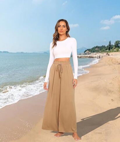 Women's Wide Leg Linen Pants High Waisted Flowy Palazzo Pants Lounge Loose Casual Work Pants Trousers Pockets in Kuwait