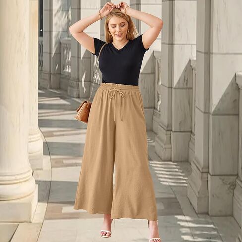 Women's Wide Leg Linen Pants High Waisted Flowy Palazzo Pants Lounge Loose Casual Work Pants Trousers Pockets in Kuwait