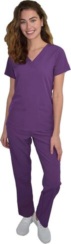Green Town Scrubs for Women Scrub Set - V-Neck Top and Straight Leg Pant, 5 Pockets, Easy Care, Solids and Prints Uniforms -Black-X-Large Petite in Saudi Arabia