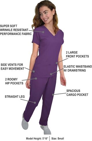 Green Town Scrubs for Women Scrub Set - V-Neck Top and Straight Leg Pant, 5 Pockets, Easy Care, Solids and Prints Uniforms -Black-X-Large Petite in Saudi Arabia