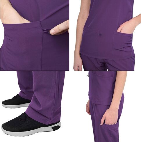 Green Town Scrubs for Women Scrub Set - V-Neck Top and Straight Leg Pant, 5 Pockets, Easy Care, Solids and Prints Uniforms -Black-X-Large Petite in Saudi Arabia