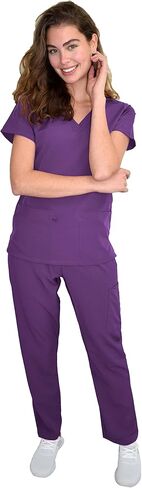 Green Town Scrubs for Women Scrub Set - V-Neck Top and Straight Leg Pant, 5 Pockets, Easy Care, Solids and Prints Uniforms -Black-X-Large Petite in Saudi Arabia