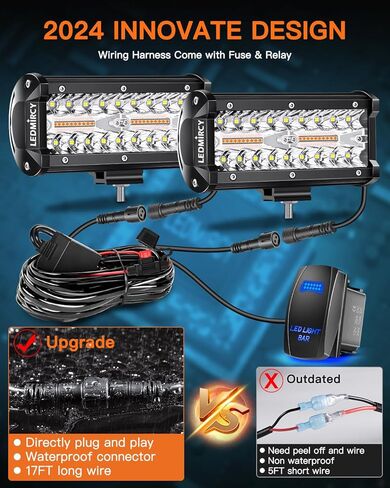 طقم شريط إضاءة LED 7 بوصة مع سرج سلك مفتاح الروك 2 قطعة 24000LM LED أضواء قرنة ثلاثية الصفوف البيضاء بقعة الفيضانات كومبو شعاع أضواء الطرق الوعرة لشاحنة ATV SUV UTV قارب IP68 مقاوم للماء in Kuwait