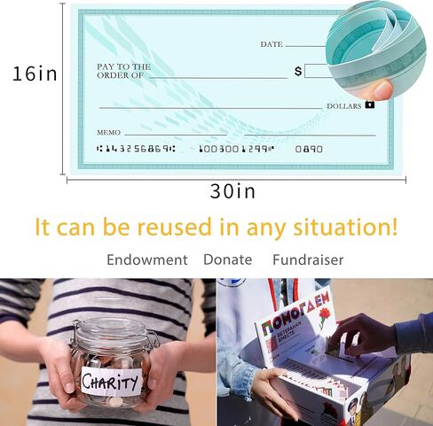 شيك كبير مستدام - شيك كبير مقاس 76.2 سم × 40.64 سم قابل لإعادة الاستخدام، شيك كبير، شيكات كبيرة قابلة لإعادة الاستخدام، لوحة مسح جاف للعروض التقديمية، فحص عرض جامبو مضحك ومضحك، واقعي للأوقاف والتبرعات in Kuwait