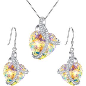 EleQueen 925 Sterling Silver CZ Courageous Heart Inspired Pendant Necklace Hook Earrings Set Made with Austrian Crystal, Valentine's Day/Mother's Day/Christmas Jewelry Gift for Girlfriend/Mom