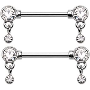 Pierced Owl - 14GA Stainless Steel CZ Crystal Dangle Barbell Nipple Rings, Sold as a Pair