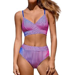 CUPSHE Women's Bikini Sets Two Piece Swimsuit High Waisted Striped V Neck Swimwear Back Tie