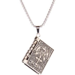 Holy Bible Book Pendant Necklace for Men Women Boys Girls Stainless Steel Hypoallergenic Retro Scripture Miniature Readable Bible Openable Prayer Verse Adjustable Chain Necklace for Religious Christian Jewelry Gifts