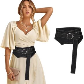 Urieo Retro Denim Corset Belt Black Buckle Wrap Waist Cinch Belts Wide Vintage Dress Dresses Cowgirl Waspie Belt Waistband for Women