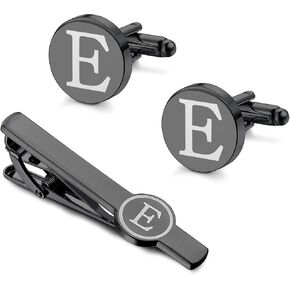 IRONBOX Initial Cufflinks and Tie Clip Set for Men Personalized Black Cuff Links and Tie Bar Letter Alphabet A-Z Gift with Box for Father Husband Groommens