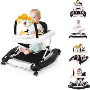 Baby Walker, 5-in-1 Baby Walkers for Boys and Girls 6-12 Months with Bouncer, Removable Footrest, Feeding Tray & Music, Foldable & Adjustable Activity Walker for 6-18 Months Toddler Infant