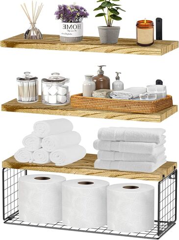 أرفف عائمة 2 في 1 من Szkiuqe، أرفف حمام مع سلة تخزين، أرفف خشبية ريفية مثبتة على الحائط، ديكور جدار المزرعة لغرفة النوم والمطبخ وغرفة المعيشة والنباتات - أسود in Kuwait