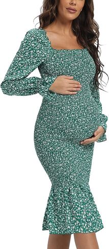 Maternity Summer Floral Midi Bodycon Dresses, Long Puff Sleeve Square Neck Ruffle Hem Mermaid Baby Shower Dress Dark Green M in Kuwait