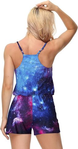 RAISEVERN Womens Hawaiian Romper Summer Casual Cute Cartoon Short Jumpsuit Tropical Hand Drawn Coral Adjustable Spaghetti Straps Loose V Neck Sleeveless Rompers with Pockets Pink Blue in Saudi Arabia
