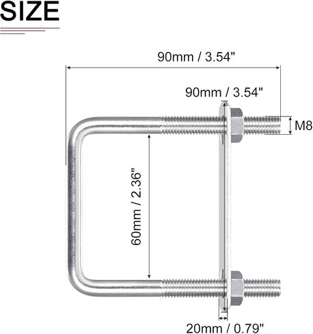 M8x60x90mm(ThreadxWxL) Square U Bolt - 2Pack - Good for Trailer Pipe Replacement Parts - 304 Stainless Steel U Shape Bolts in Saudi Arabia