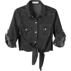 Women's Denim Shirt 3/4 Sleeve Tie Front Top Knot Chambray Cardigan Button Shirt Jean Crop Top Jacket in Saudi Arabia