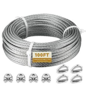 1/4" Stainless Steel Cable, 100FT Wire Rope Aircraft Cable with Cable Clamps and Thimbles for Backyard Zipline, String Lights and Deck Railing, 6x37 Strands Construction