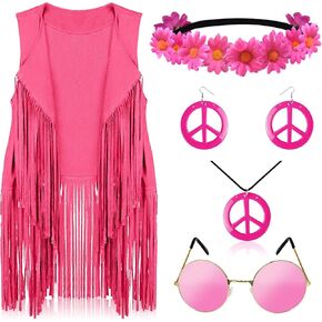 IncreDecor 60s 70s Outfits for Women Hippie Costume Accessories Peace Sign Earrings and Headband, Fringe Vest Cardigan Set