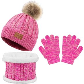 Hicdaw 3Pcs Kids Winter Hat and Scarf Set Winter Hats for Kids Toddler Beanie Hat Fleece Lined Scarf for Boys Girls 1-5 Years