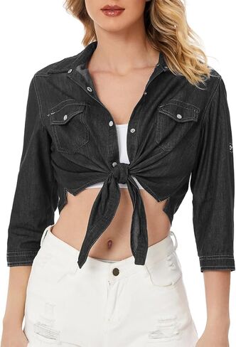 Women's Denim Shirt 3/4 Sleeve Tie Front Top Knot Chambray Cardigan Button Shirt Jean Crop Top Jacket in Saudi Arabia
