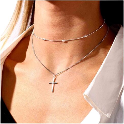 Boho Layered Cross Choker Necklace Gold Cross Pendant Necklace Ball Satellite Chain Necklace Vintage Double Layer Necklace Chain Jewelry for Women and Girls Gift in Saudi Arabia