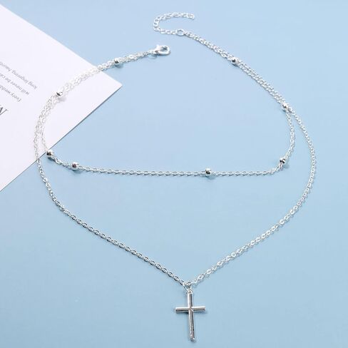 Boho Layered Cross Choker Necklace Gold Cross Pendant Necklace Ball Satellite Chain Necklace Vintage Double Layer Necklace Chain Jewelry for Women and Girls Gift in Saudi Arabia