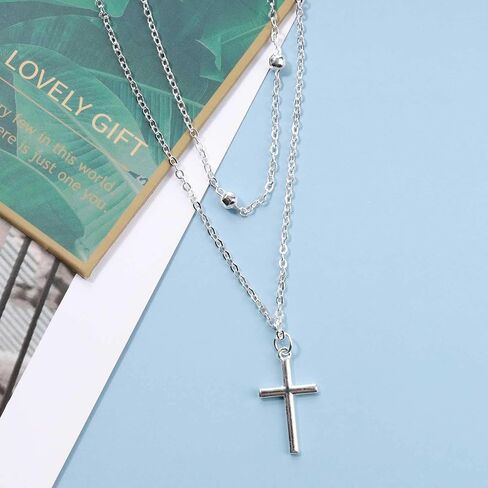 Boho Layered Cross Choker Necklace Gold Cross Pendant Necklace Ball Satellite Chain Necklace Vintage Double Layer Necklace Chain Jewelry for Women and Girls Gift in Saudi Arabia