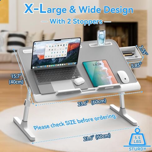 Laptop Bed Desk, X-Large Leather Adjustable Computer Bed Table Tray, Foldable Laptop Lap Desk for Bed Sofa Couch Floor Writing Eating Working with Drawer 2 Movable Stoppers (23.6 inch, Black) in Kuwait