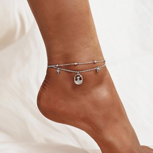 سوار الكاحل 925 الفضة الاسترليني الطبقات خلخال لذيذ صن بيتش الخلخال للنساء الذهب الأبيض المراكب الشراعية/القمر/النخيل/وصلة المنارة خلخال قابل للتعديل خلق سلسلة حجر القمر خلخال القدم مجوهرات in Kuwait
