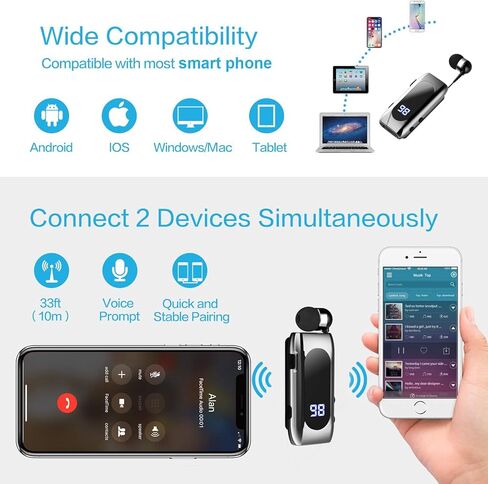 Retractable Wireless Headset Headphone Stereo Earphone V5.0 Noise Cancelling Mic Clip on Earpiece Comfortable HandsFree Headset 20Hrs Talking Time Sports Business Trucker Driver Earbud in Kuwait