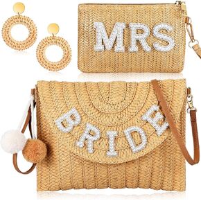3 Pcs Bride to Be Gifts Straw Shoulder Bag Boho Straw Bride Clutch Purse Rattan Earrings for Wedding Bachelorette
