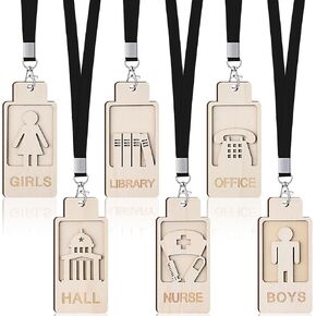 Sabary 6 Sets Hall Pass Lanyards School Passes Teacher Supplies Wooden Hall Passes for Classrooms Bathroom Passes Includes Hall Nurse Library Office Boys and Girls Restroom (Assorted Colors)