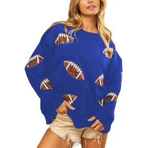 ChiyeeKiss Womens Sparkle Football Sequin Rugby Sweatshirt Game Day Y2K Crewneck Oversized Shirt Long Sleeve Fleece Pullover