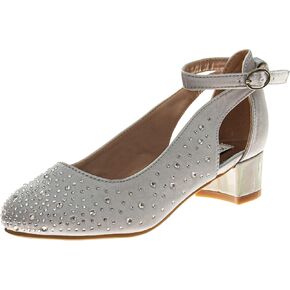 Badgley Mischka Girls Dress Shoes - Kids High Heel Pumps Slip-On Block Closed Toe with Bow - Silver (2 Big Kid)