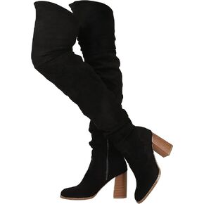 Mattiventon Over The Knee Boots Thigh High Block Heels for Women Stretch Suede Chunky boots with zipper