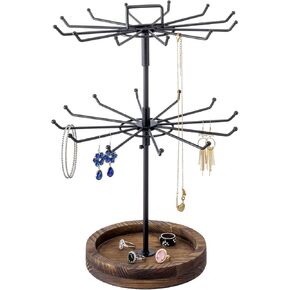 MyGift 360 Degree Rotating 2 Tier Jewelry Tree in Black Metal with Shabby White Washed Wood Base, Spinning Necklace Tower Display Stand with 24 Hooks and Top Card Holder