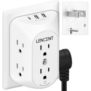 LENCENT 2 Prong Power Strip with 3 USB, 3 to 2 Prong Grounding Outlet Adapter, Polarized Plug, Surge Protector, 3-Sided 6 Outlet Widely Spaced Extender, Mountable Wall tap for Non-Grounded Outlets