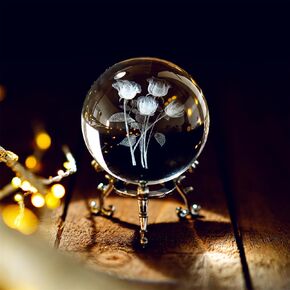 HDCRYSTALGIFTS 2⅜ inches 3D Laser Engraved Rugby Helmet Crystal Decorative Ball Paperweight with Silver-Plated Flowering Stand Glass Full Sphere Home Decor Gift