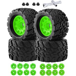 RC Truck Wheel Tires for 1/10 Rustler Stampede Hoss,Arrm a Granite Vorteks Big Rock,Axial Losi Redcat Rc4wd,12mm/14mm Hex Rc Truck Tires,4pcs,Black