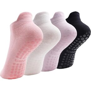 Pilates Socks with Grips for Women, Non Slip Yoga Socks, Anti Skid Socks for Yoga Pilates Gym Sports 4 Pairs