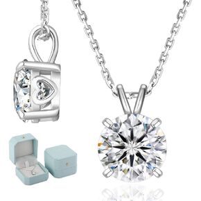 KRKC&CO Moissanite Necklace for Women, Sterling Silver Lab Created Solitaire Diamond Pendant for Her, 4-Prong, GRA Certificate, Gift for Anniversary, Birthday, Wedding - to Wife, Mom, 0.5/1/2/3/4CT White Gold Plated Silver Jewelry
