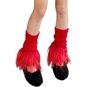 NICEYST Women Leg Warmer Girls Faux Fur Trim Knitted Leg Cover Lolita Winter Warm Long Socks Furry Boot Cuff
