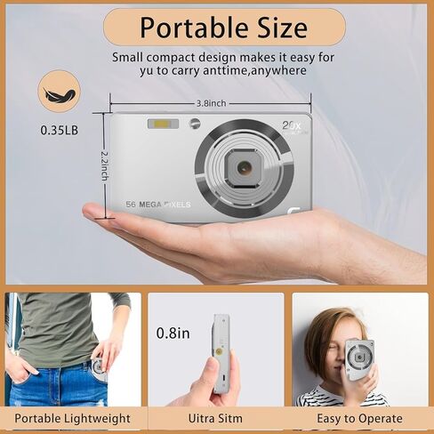 كاميرا رقمية، كاميرات 4K فائقة الدقة للتصوير الفوتوغرافي، كاميرا رقمية للنقطة والتقاط مع تركيز تلقائي 56 ميجابكسل وتكبير 20 مرة مضادة للاهتزاز، كاميرا فيديو مع بطاقة SD سعة 32 جيجابايت للبالغين والمراهقين والمبتدئين (فضي) in Kuwait