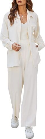 MISSKY Women's Casual 2 Piece Sets Long Sleeve Button Down Shirt Wide Leg Streetwear Pants in Saudi Arabia
